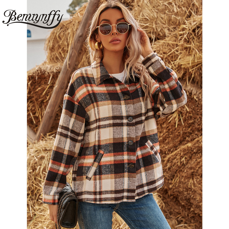 Turn-down Collar Drop Long Sleeve Autumn Winter Plaid Coat Women Casual Single Breasted Ladies Outwear Coats Jacket 210510