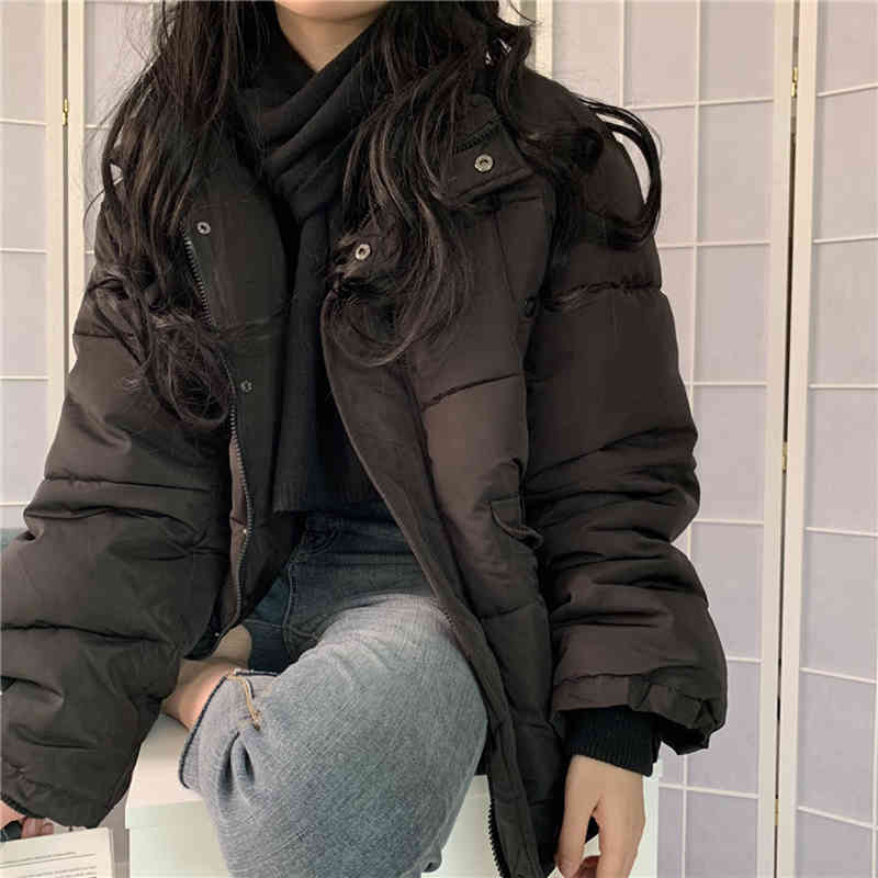 Winter Coat Women OL Formal Loose Solid Stand Collar Thicken Warm Casual Padded Jacket Outwear Parkas 210421
