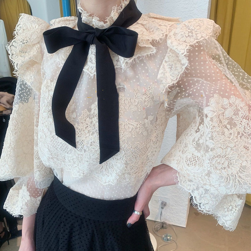 DEAT Women White Chiffon Lace Lantern Long Sleeve Loose Two-piece Suit With Shorts Loose Fit Fashion Tide Spring Autumn 210428