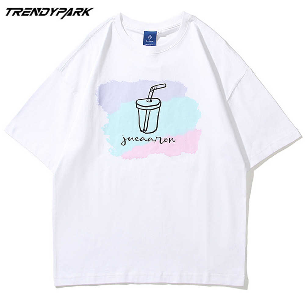Men's T-shirt Milk Tea Printed Summer Short Sleeve Oversized Cotton Casual Harajuku Streetwear Top Tshirts Men Clothing 210601