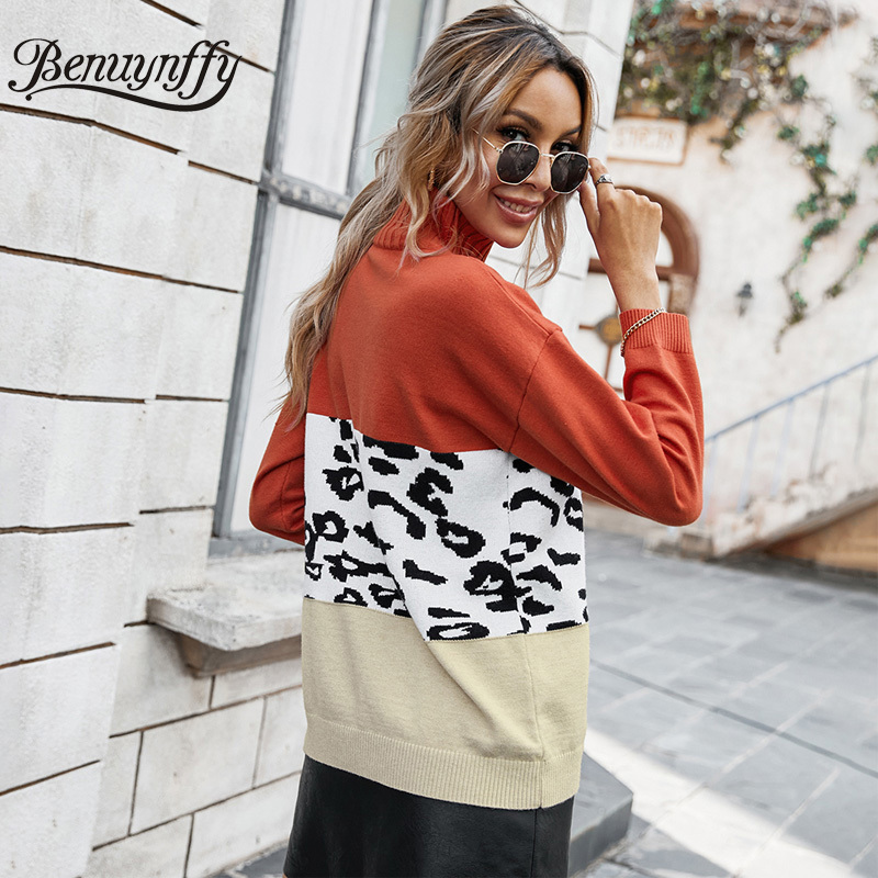 Leopard Color Block Turtleneck Sweater Women Autumn Winter Drop Long Sleeve Knitted Pullover Casual Street Style 210510
