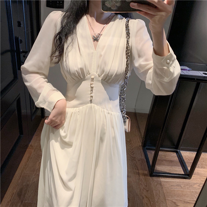 Korean Spring Women Sexy V-Neck Apricot Chic Party Dress Feminine Elegant Chiffon High Waist Long-Sleeved Midi 210519