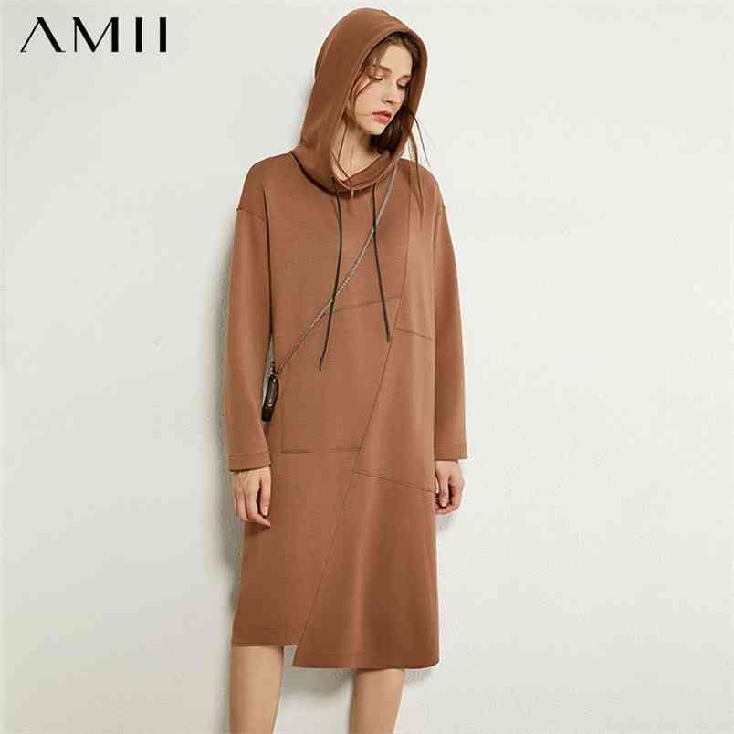 Minimalism Autumn Fashion Women Hoodies Causal Solid Hooded Loose Knee-length Dress Female Sweatershirt Tops 12040317 210527