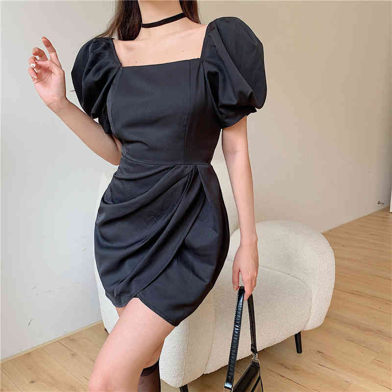 Summer Puff Sleeve Party Dress Women Solid Color Square Collar Bodycon Sexy Slim Waist Office OL Ruched Mini Dresses 210518
