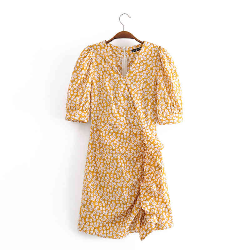 beauty Fashion Casual Chic Chrysanthemum Print Midi Dress Women Holiday Ruffles V-neck Cotton Summer Ladies Dresses 210514