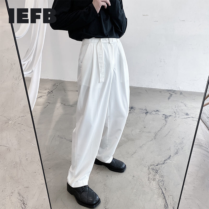 IEFB Spring Korea Streetwear High Waist Slim Black Trousers Men's Trend Wide Leg Pants With Belt 9Y6663 210524