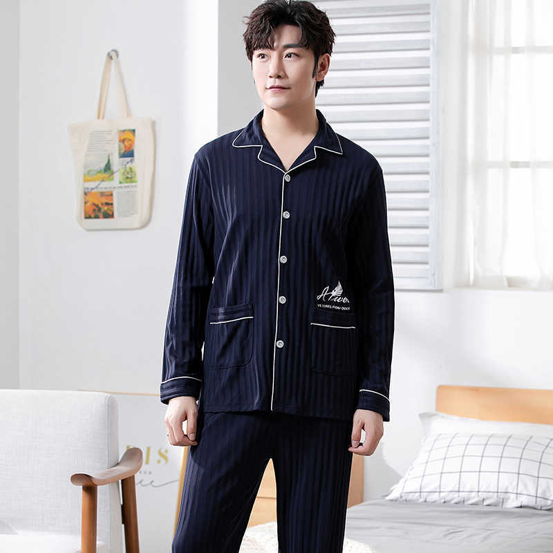 Men 100% Cotton Pajamas Set Winter Long Sleeve Pyjama Turn-down Collar Cardigan Loose Soft Plus Size L-5XL Male Sleepwear Suit 211019
