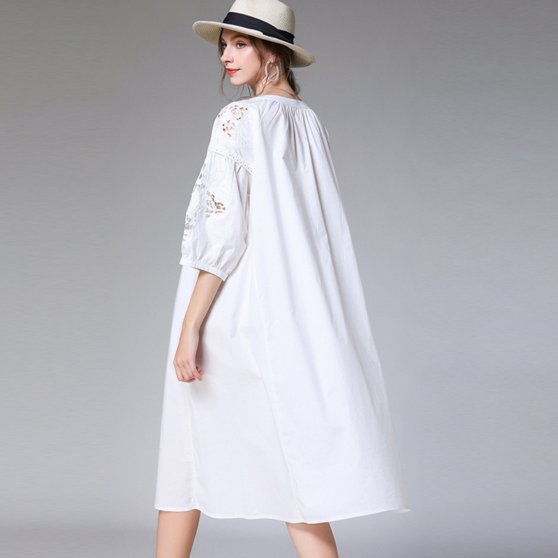 Hollow Out Puff Sleeve Dresses Famale Drawstring Round Collar Loose Oversize Summer Cotton Clothes Trend AQ955 210526