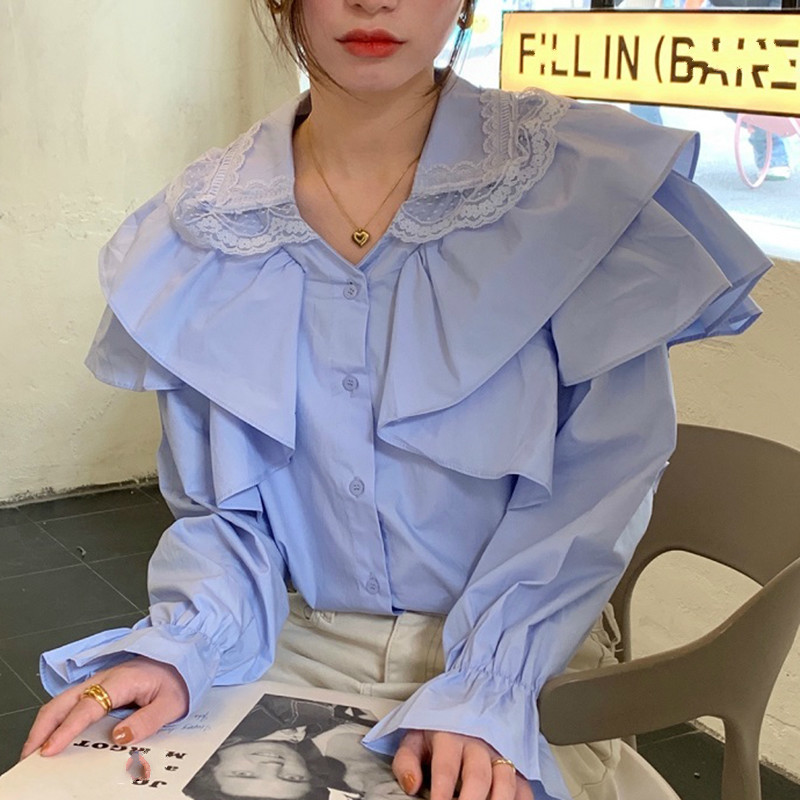 Nomikuma Blouse Women Flare Long Sleeve Lace Patchwork Turn-down Collar Shirt Spring Ruffle Patchwork Causal Blusas 6E092 210427