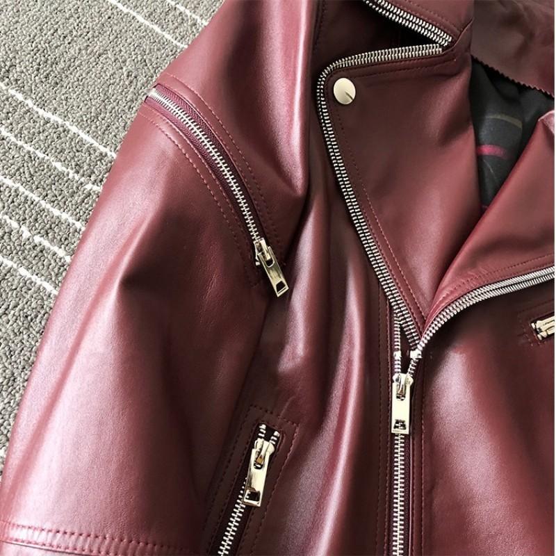 Leather Autumn Genuine Motorcycle Short Jacket Women Fashion Wine Red Sheepskin Coat Streetwear Turn Collar Vintage Punk Jackets Women's & F