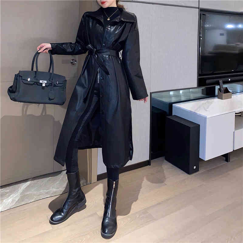 Lace Up Leather Long Handsome Women's Coat Elegant Loose Female Trench With Belt Fashion Single Breasted 210506