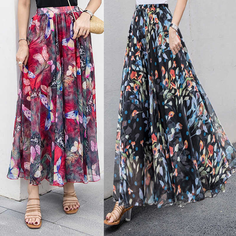 Women Elastic Waist Chiffon Elegant Printed Long Skirt Female Bohemia Beach Holiday silk-like With Big Hem 210619