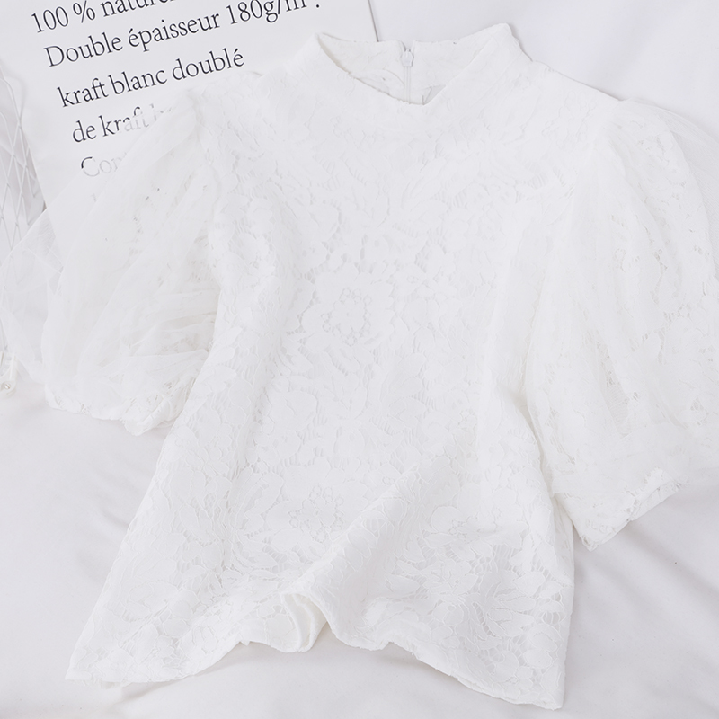 Lace Mesh Sweet Solid Women Tops and Blouses Stand Collar Pink Chic Short Sleeve Shirts Retro 13899 210415