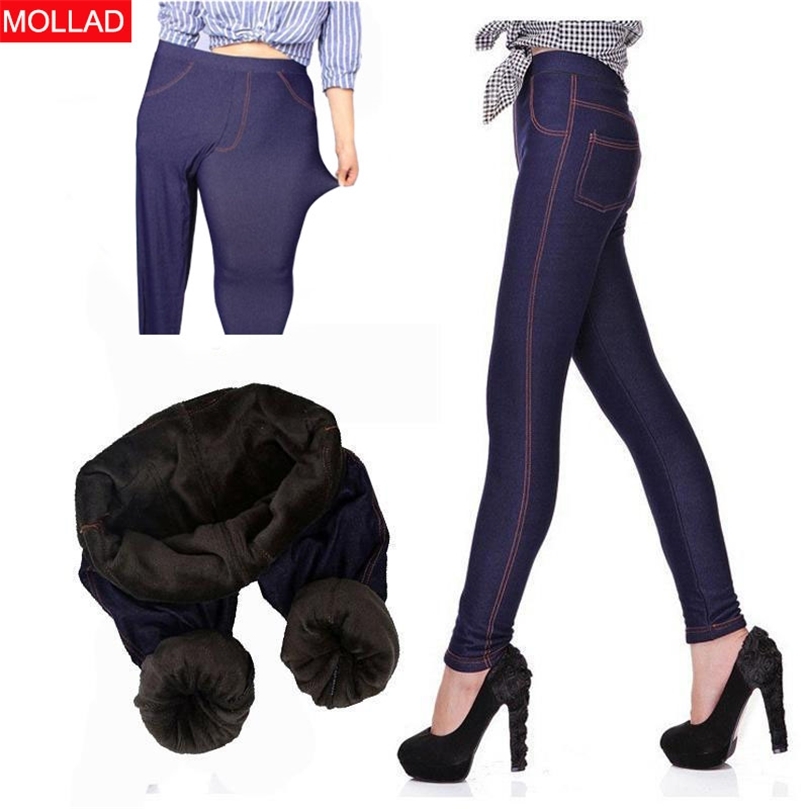 Winter Leggings Women Thicken Warm Jegging Jeans Large Size Women's pants Fleece Inside Faux Denim Trousers 5xl thermal 211204