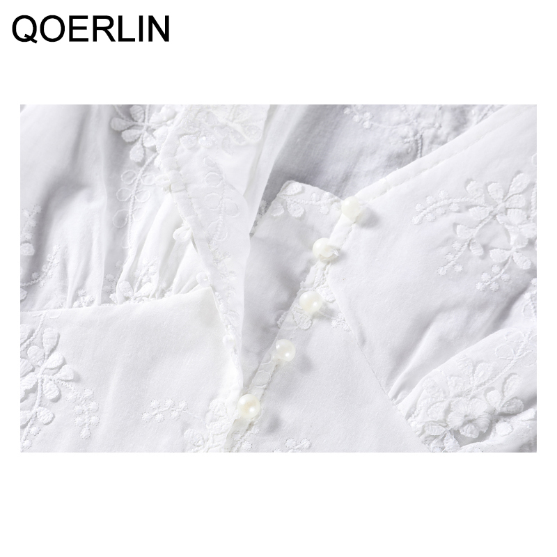 QOERLIN Pearl Button White Shirt Girl Plus Size Summer Retro Short Vneck Puff Sleeve Lace Shirt Women Embroidered Tops 210412