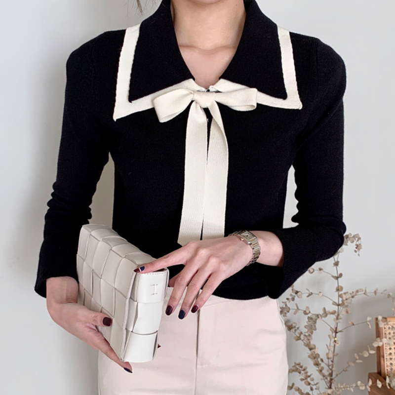 Casual Bow Bandage Women Sweater Korean Chic Contrast Color Female Knitted Sweaters Office Lady Slim Pullover Jumper 210519