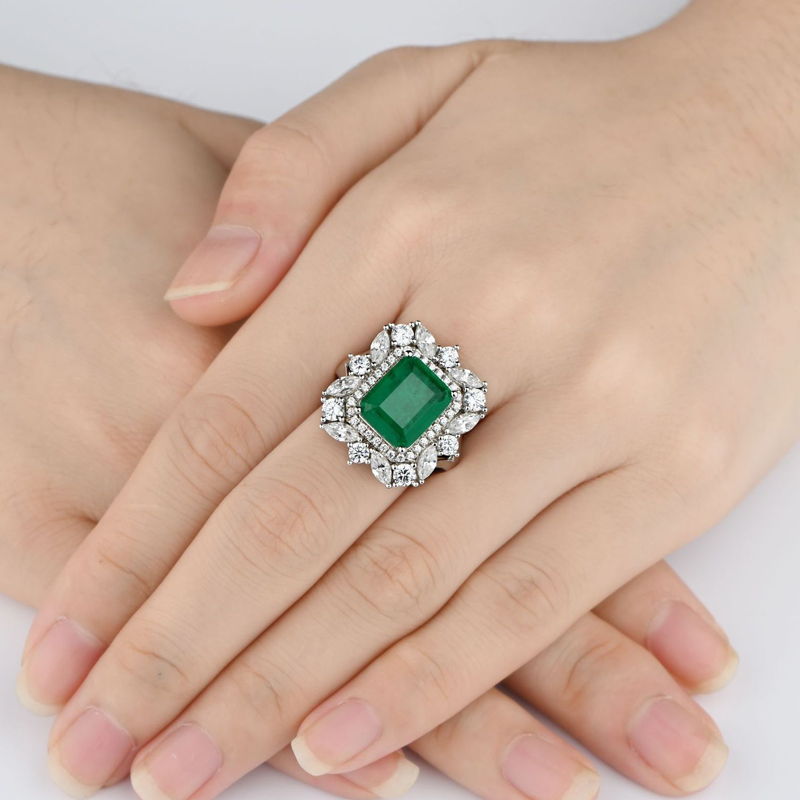 OEVAS 100 925 Sterling Silver Synthesis Emerald Wedding Rings For Women Sparkling High Carbon Diamond Party Fine Jewelry Gifts