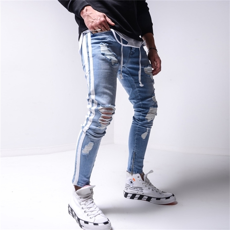 Skinny ripped jeans men Pants Pencil Biker Side Striped Jeans Destroyed Hole Hip Hop Slim Fit Man Stretchy Jean Print 211120