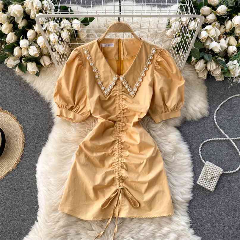 Women's Summer Dress Beaded Turn-down Collar Puff Short Sleeve Drawstring Pleated Mini Party Vestidos Robe Mujer 210603, Red
Women's Summer Dress Beaded Turn-down Collar Puff Short Sleeve Drawstring Pleated Mini Party Vestidos Robe Mujer 210603, Red