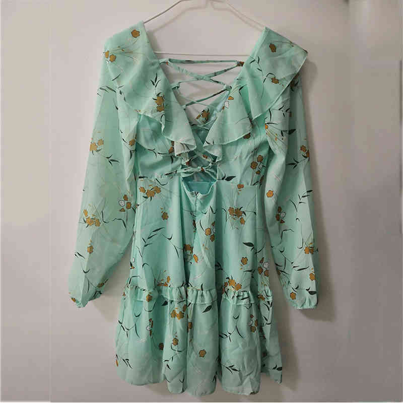 Foridol long sleeve sheer boho print dress women sexy backless lace up beach autumn dress floral green chiffon short dress 210415