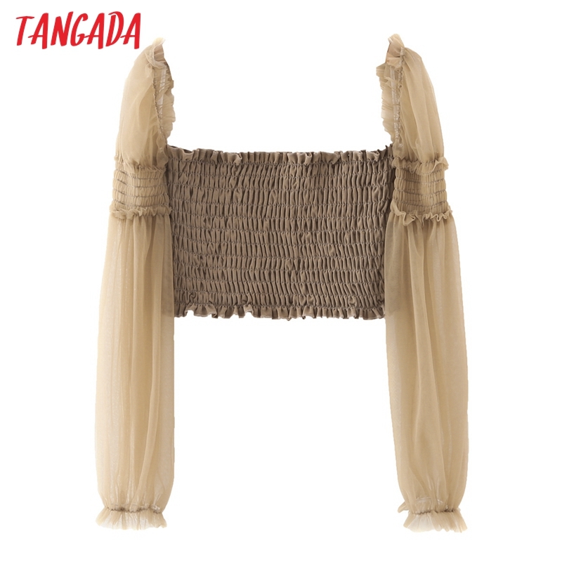 Women Off Shoulder Mesh Patchwork Crop Long Sleeve Summer Chic Female Sexy Slim Shirt Tops 3A46 210416