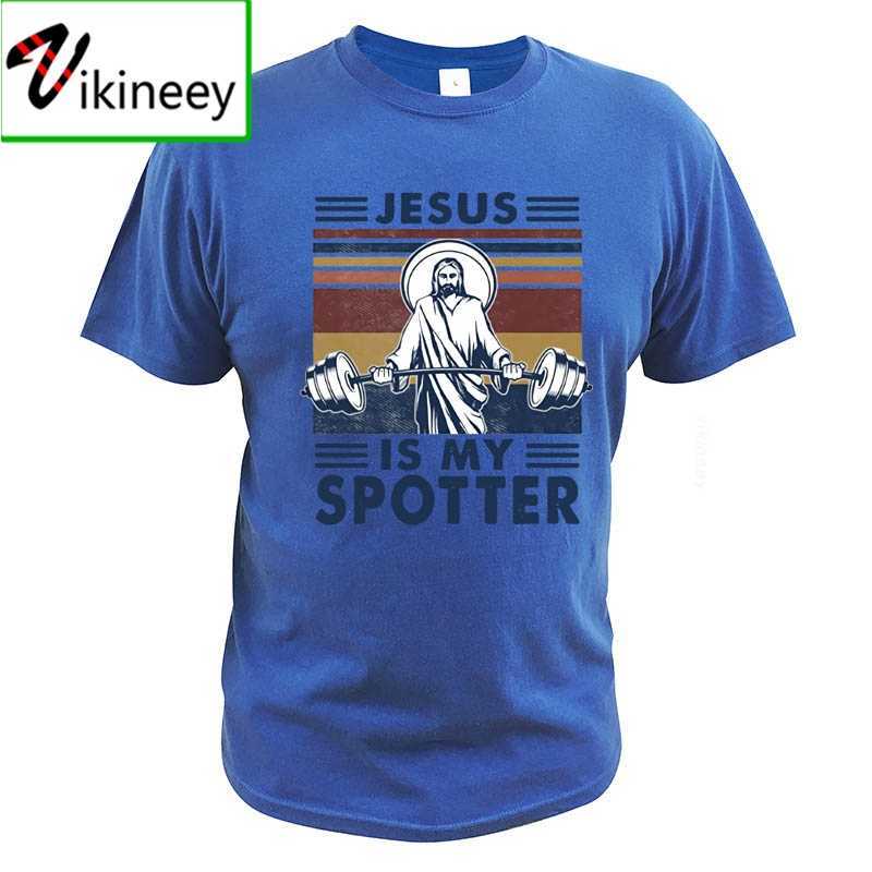 Jesus Is My Spotter T Shirt Gym Workout Weightlifting God Christian Vintage Funny 100% Cotton Summer Clothing 210629