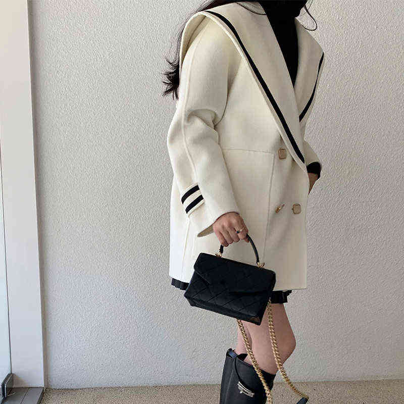 Sister Fara Autumn Sailor Collar Blazer Long Sleeve Jacket Women Double Breasted Winter Thicken Warm Coat Loose Blazers 211122