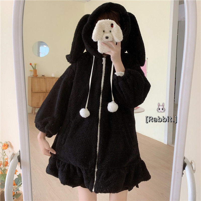 Wonder Sweet Warm Fur Coat Winter Rabbit Hat Loose Kawaii Zipper Thick Female Casual Korean Overcoat 210510
