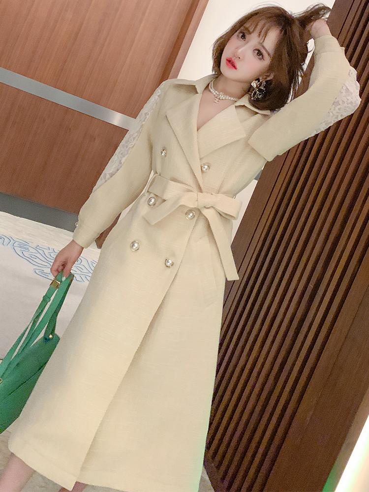 Fashion Atmosphere Lapel Double-breasted Close Tied With Belt Splicing Elegant Lace Sleeve Trench Coat The Winter 2021 Women's Tracksuits