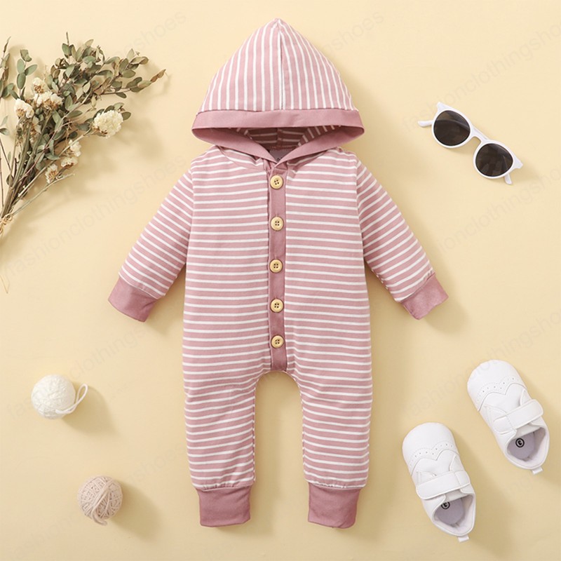 Baby Strip Hooded Bodysuit Stripe Long Sleeve Rompers Buttoned Collar Jumpsuit without Pocket Kids Clothing