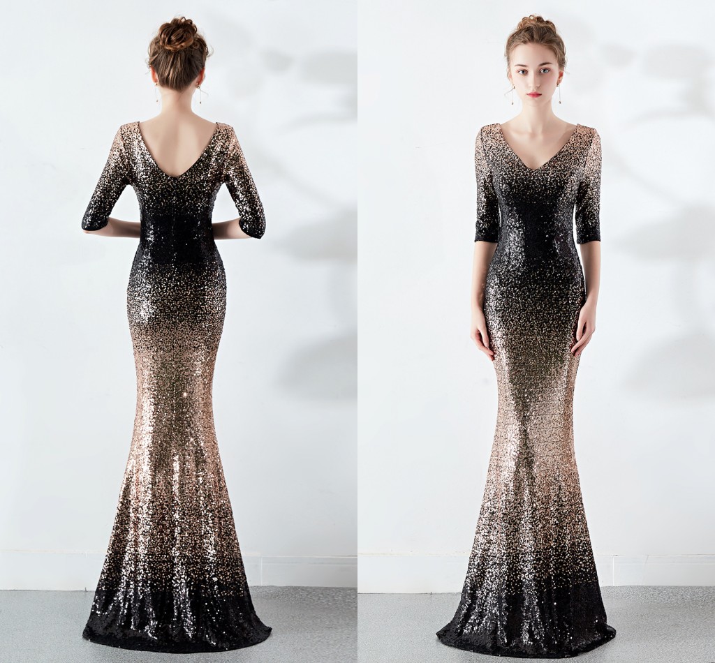 Sparkly Sequins Two Tone Evening Dresses Half Sleeve Jewel Neck Mermaid Prom Gown vestidos de fiesta robe de soiree de mariage