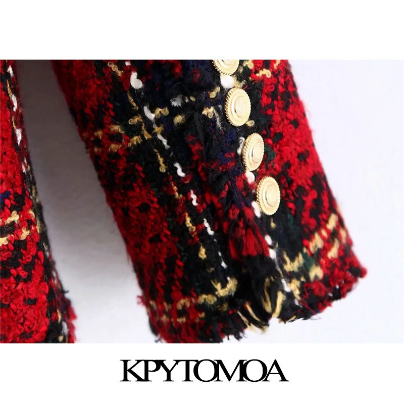 Women Fashion Double Breasted Tweed Check Blazer Coat Long Sleeve Frayed Tassel Female Outwear Chic Tops 210420