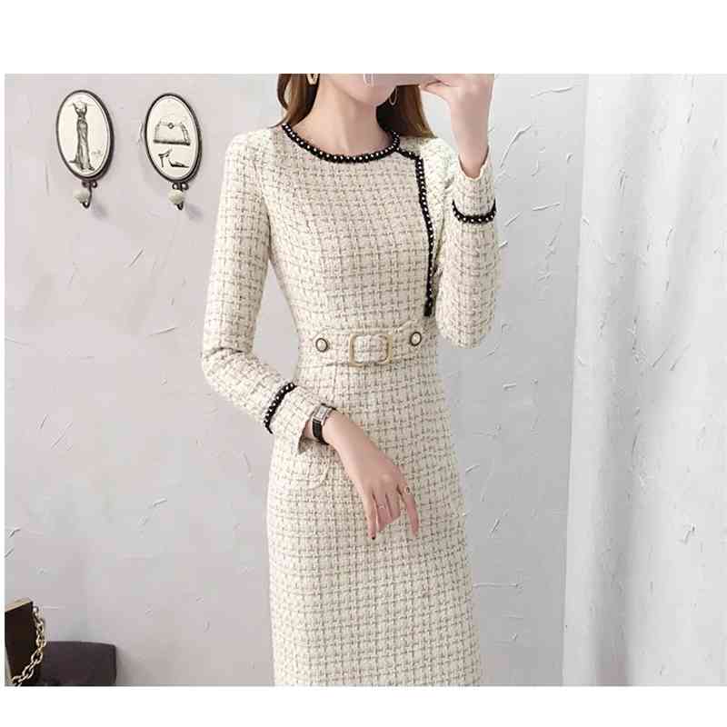 Tweed Dress Women Spring Long Sleeve Vintage Plaid Female Elegant Woolen Ladies Office Vestidos 210520