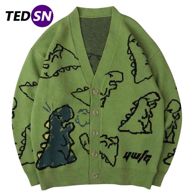 Hip Hop Mens Knitted Sweater Doodle Dinosaur Pattern Harajuku Oversize Streetwear Loose Cardigan Pullover Men Women Coat 210818