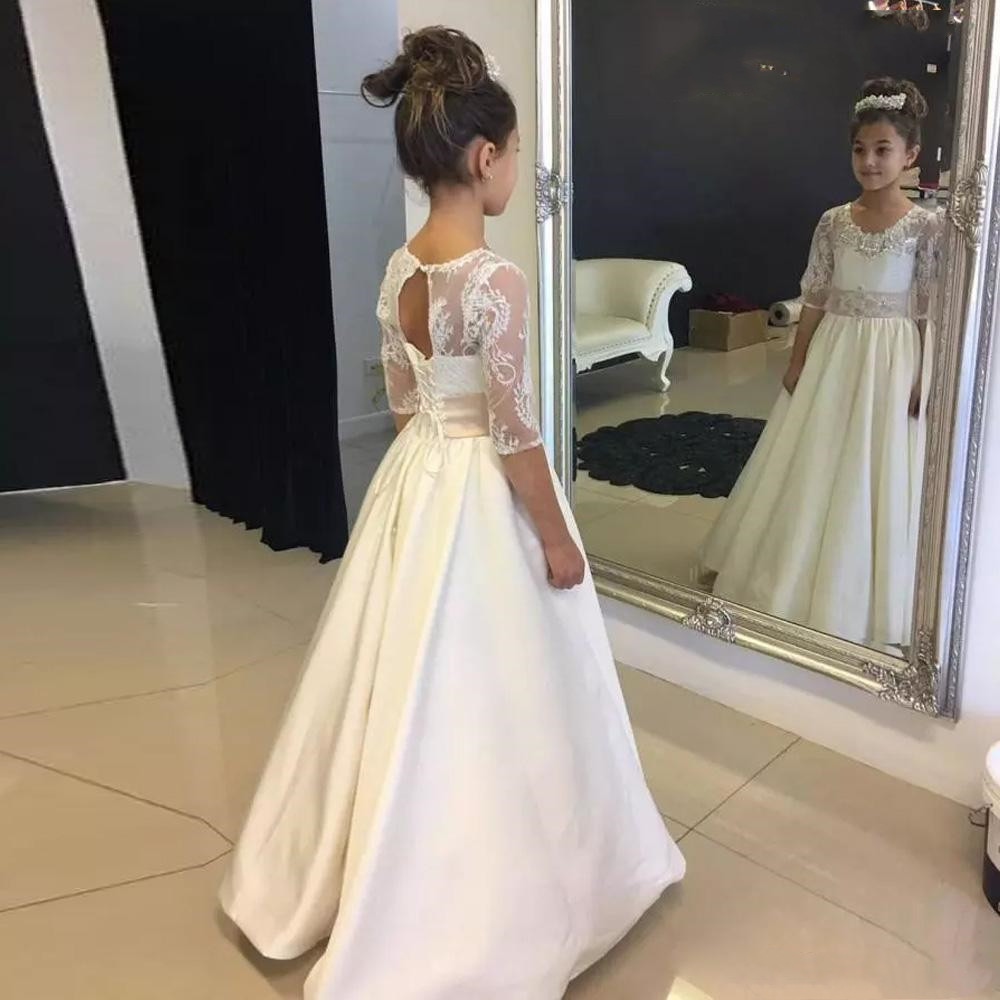 Vintage Lace Long Flower Girl Dress Beaded Floor Length A-line Half Sleeve First Communion Dresses for Wedding Gowns