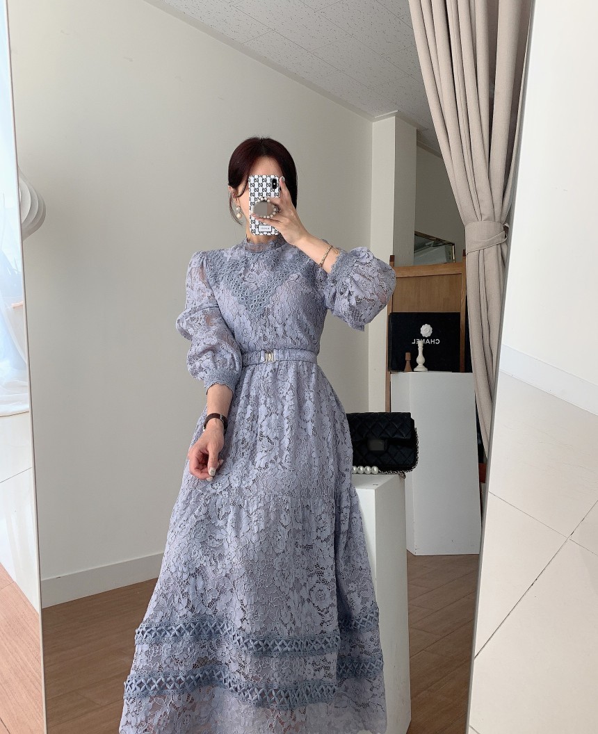 Women Vintage Spring Sweet Hollow Out Lace Long Dress Elegant Ladies Puff Sleeve Female Sexy Slim Sashes Party Dresses Vestidos 210519