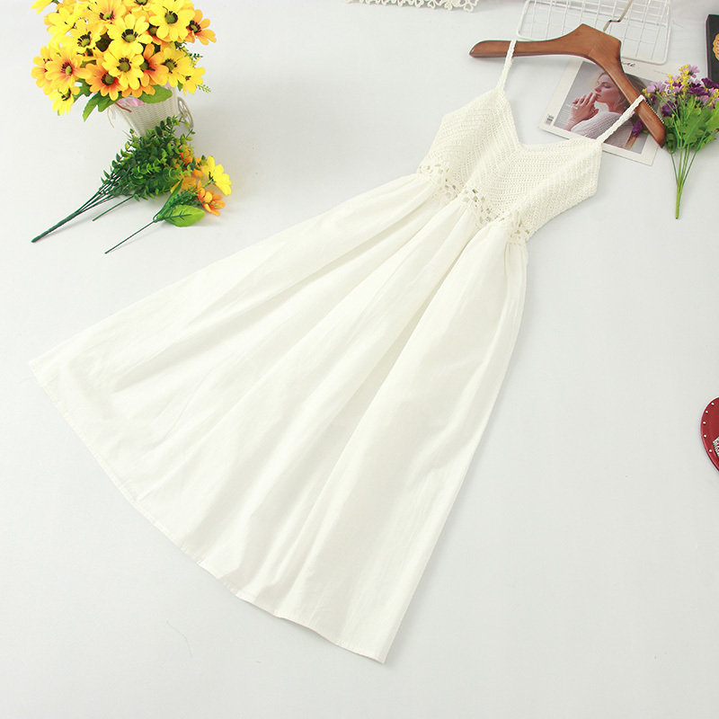 Summer Spaghetti Strap Dress Women Sexy Sleeveless Crochet Hollow Out Vestidos Beach A-line Dresses High Waist 26030 210519