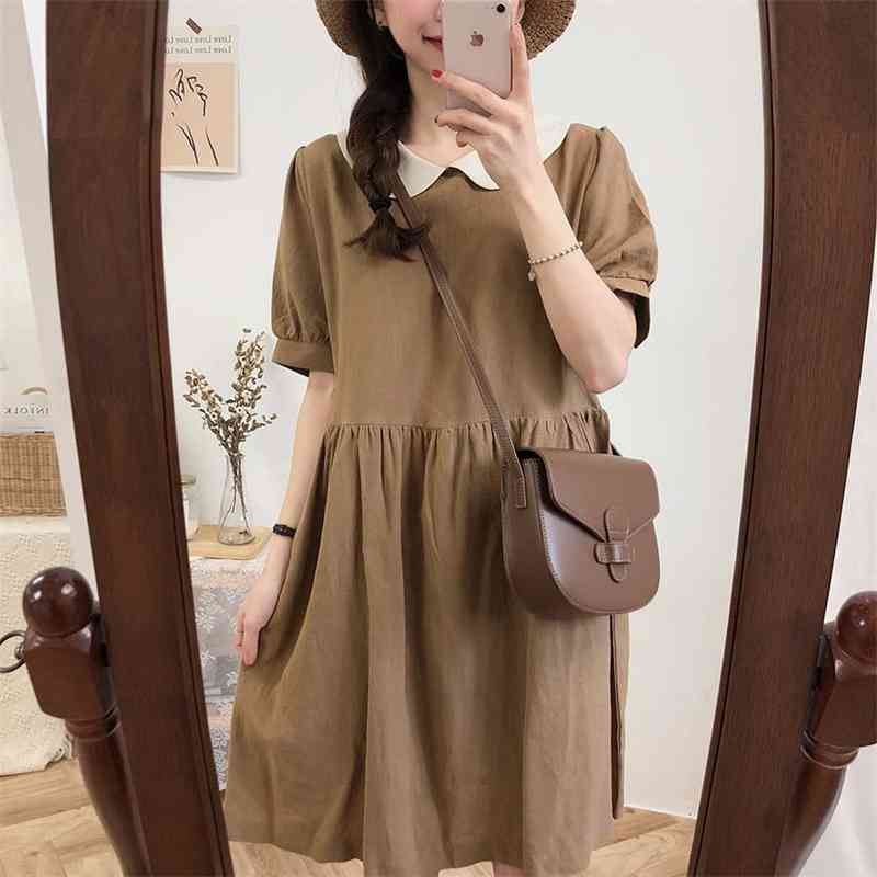 collar Summer Women Cotton Linen OL Casual Short Sleeve Dresses Female Dress Solid brown Boho Robe Femme Vestido 210417Z