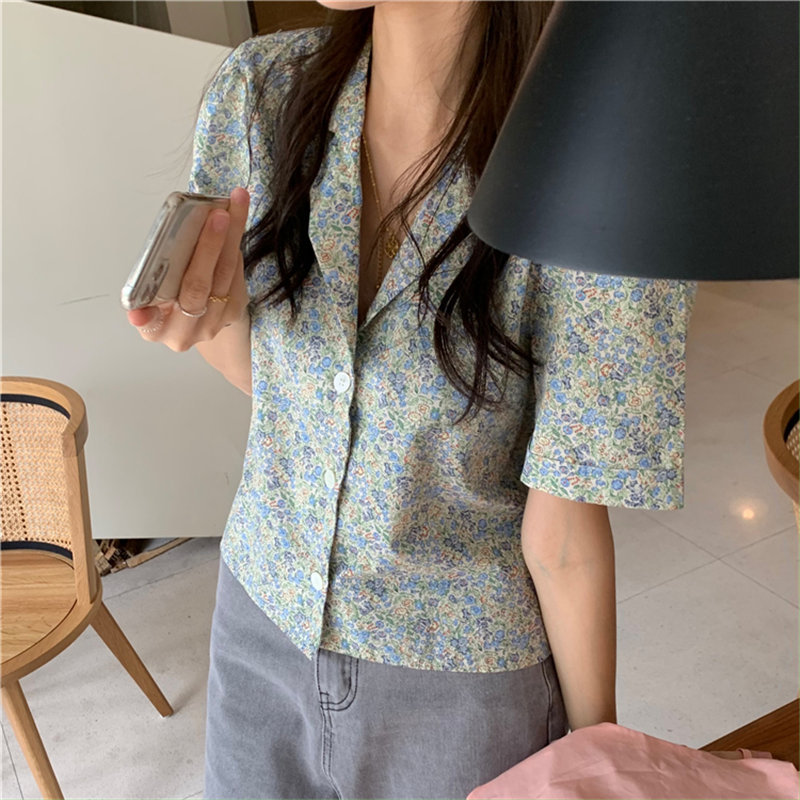 Summer Printed Florals Thin Femme Vintage Prom Retro Girls Short Sleeves Notched All Match Office Lady Shirts 210421