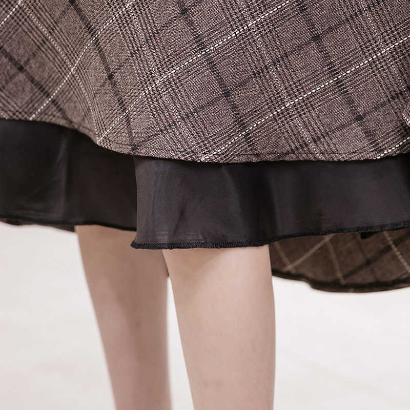 High Waisted Woolen Skirt Women' Mid Plaid A-line Umbrella Skirt Women For Autumn Winter Long Skirts Women With Belt 211119
