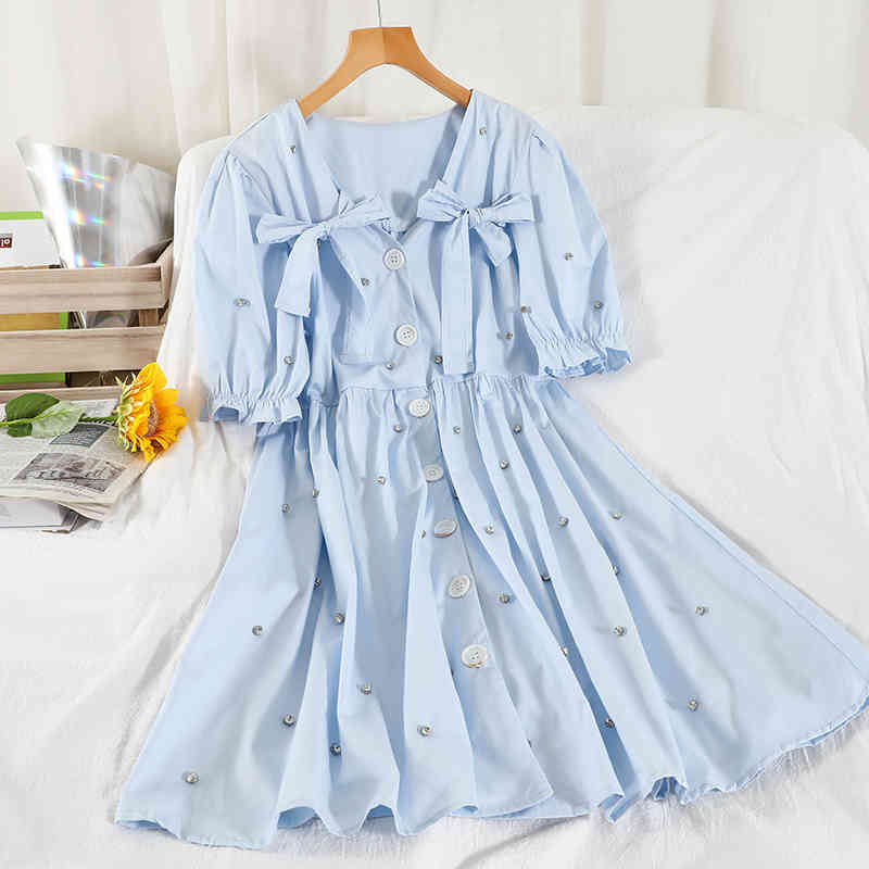 LoveFlowerLife Summer Casual Single Breasted Dress A Line Puff Sleeve Button High Waist Mid-Calf Women Dresses 210521