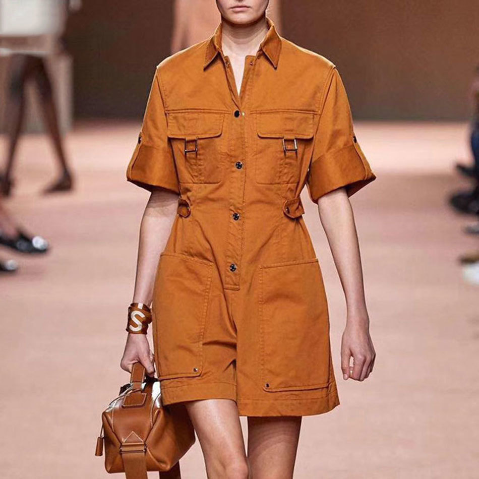 Free Women Jumpsuit Casual Lapel Short Sleeve Big Pocket Back Elastic Band Fashion Workwear 210524