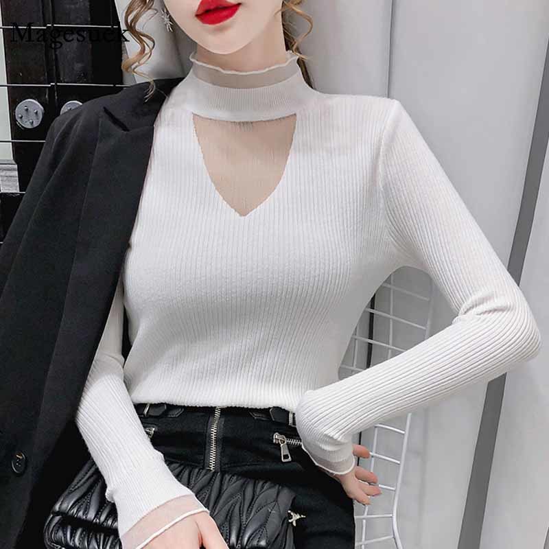 Sexy Temperament Knitted Jumper Net Yarn Splicing Turtleneck Sweater Women Inner Base Long Sleeve Slim Sweater Pull Femme 11591 210518