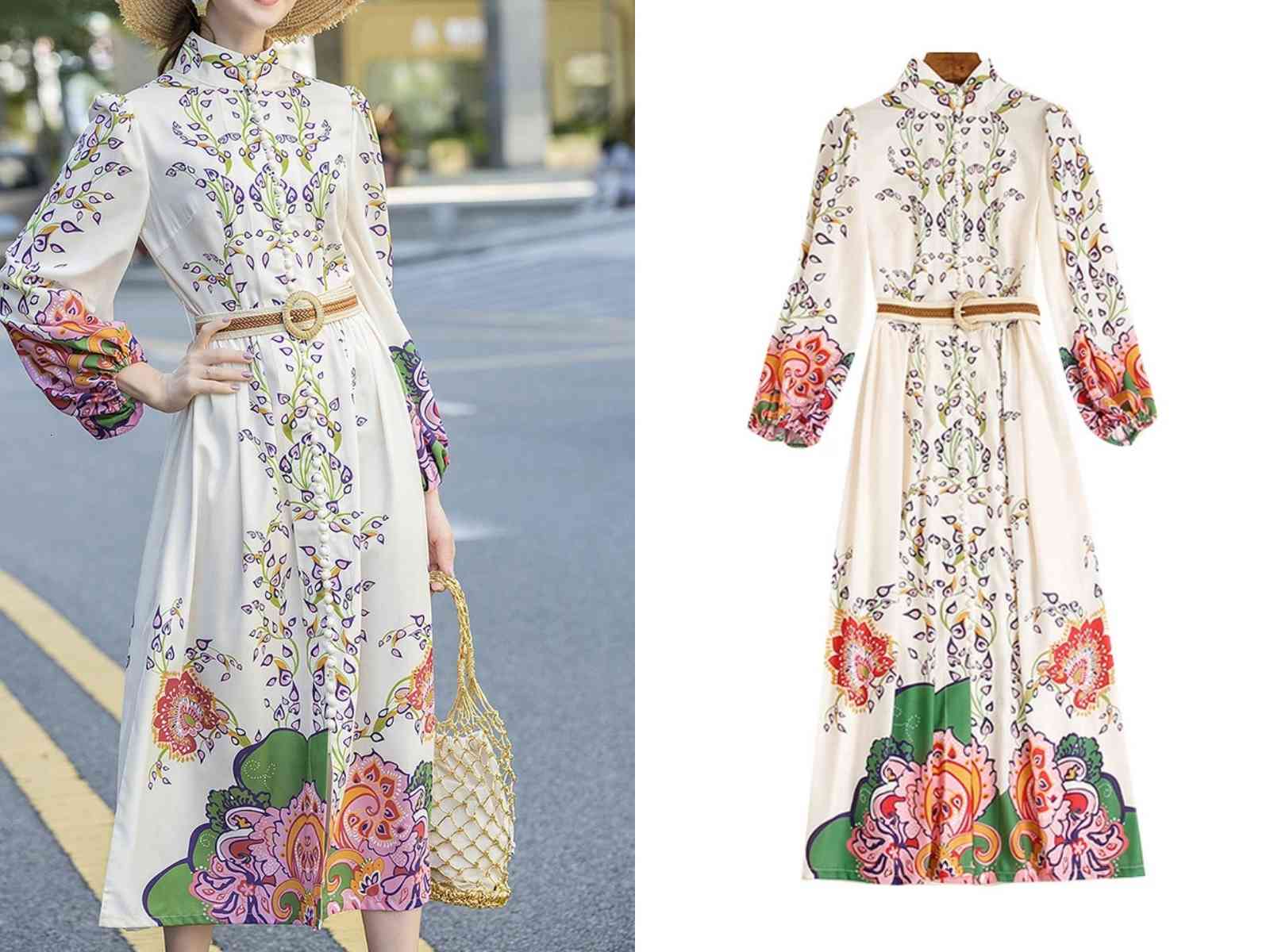 Runway Dresses Australia spring dress ZIM catwalk models stand-up collar style single-breasted printed belt IKDH