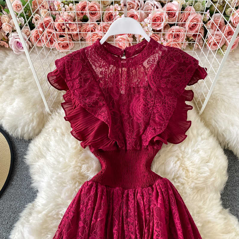 Vintage Purple/Green/Red Lace Midi Dress Women Sweet Round Neck Ruffle Vestidos Female High Waist Slim Robe Spring Autumn 210630