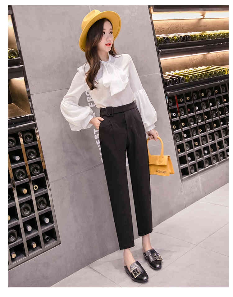 Spring Autumn Casual Suit Women's Workwear Solid High Waist Straight Pants Capris Trousers Black Apricot B11310P 210416