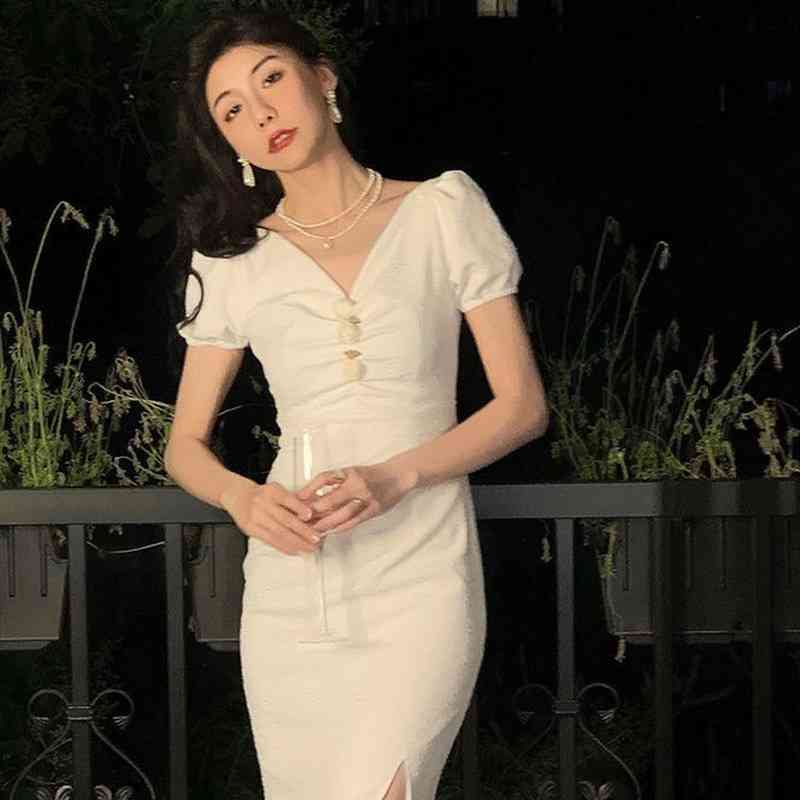 V-neck White Elegant Dress Women Short Sleeve Sexy Slim Dress Female Evening Party Dress Korean Summer Chic 210521