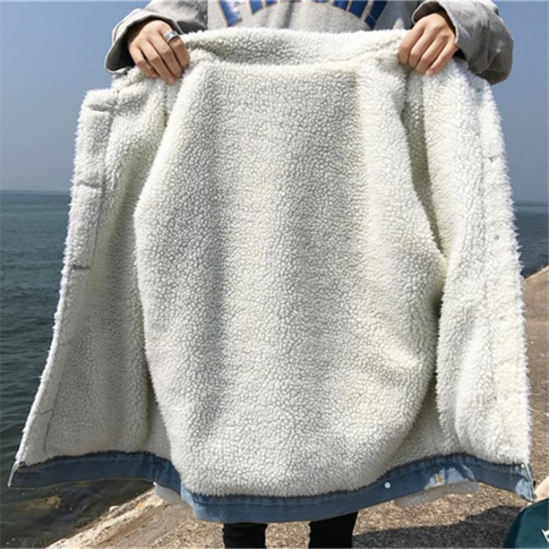 Jacket Women Denim Winter Lamb Wool Loose Long Sleeve Velvet Thin Cotton Vintage Button Coat 210428