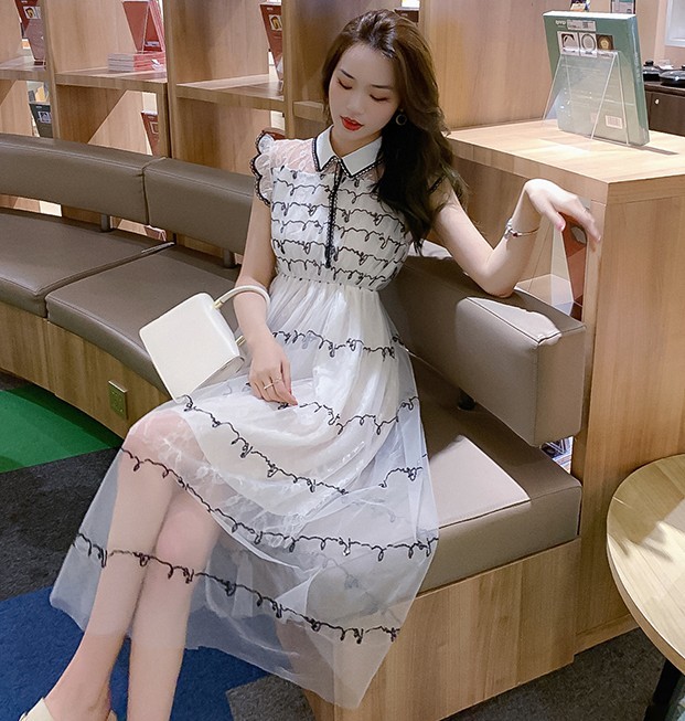 Summer Women Mesh Dress Elegant Chic Embroidery Sleeveless High Waist Party Tulle Midi 210519