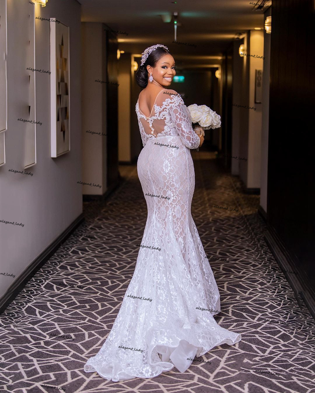 Aso Ebi arabic Wedding Dresses with Long Sleeve 2021 Full Lace Plus Size Champagne Lining African Mermaid Bridal Gowns Robes